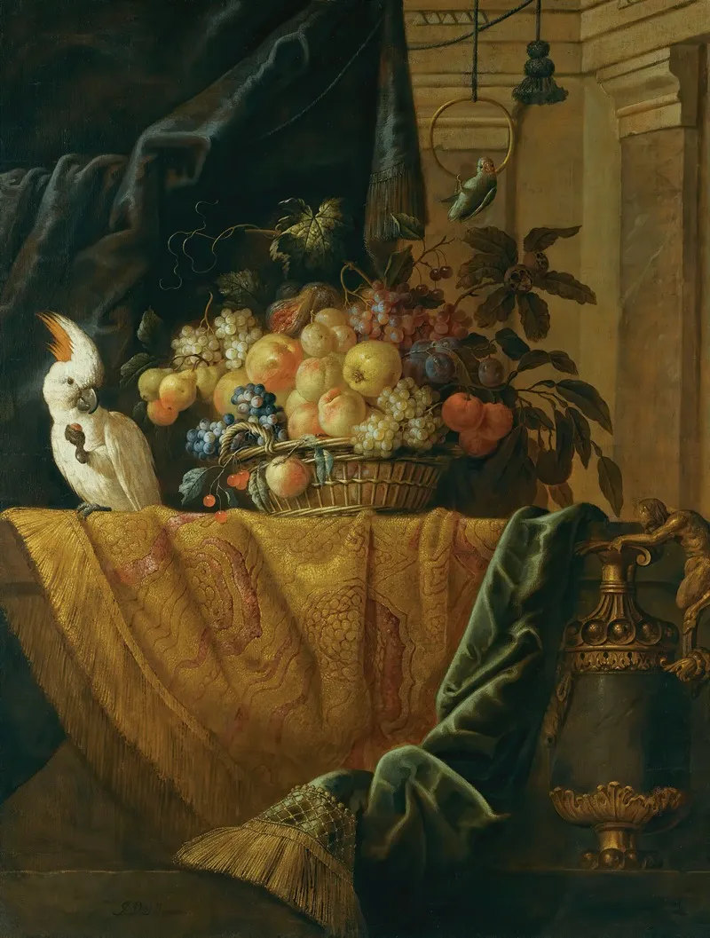 A Still Life With A Basket Of Fruit And A Parakeet Upon A Ledge Draped With A Damask Beside An Ormolu Mounted Porphyry Vase Wall Art by Jan Pauwel Gillemans the Younger - High-Resolution Digital Print