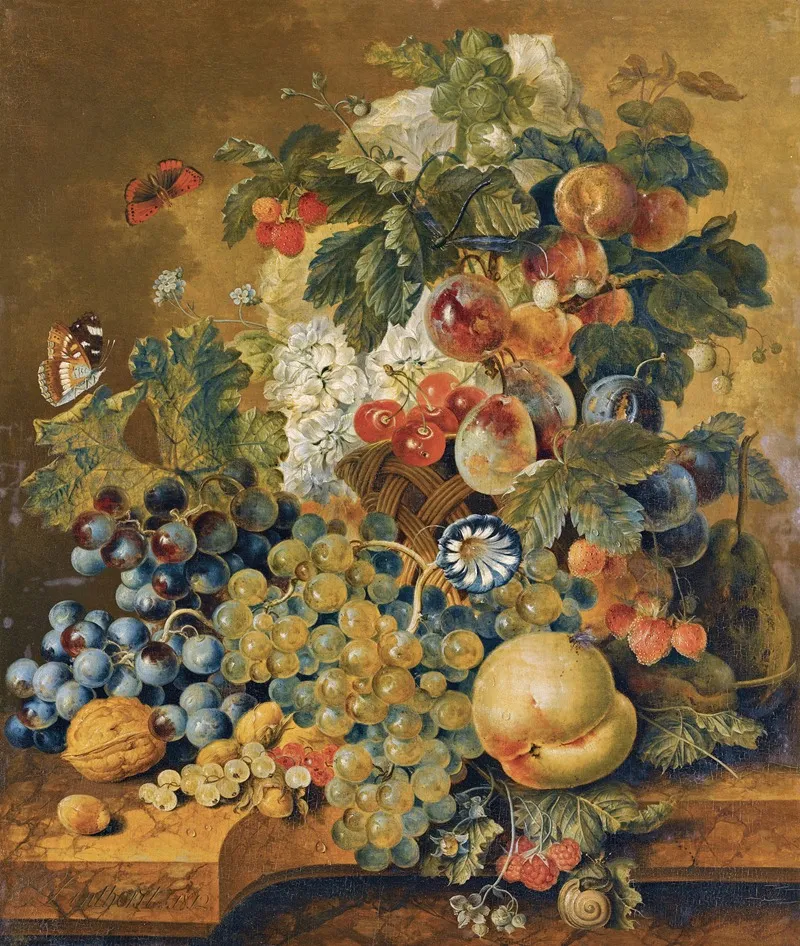 A Still Life With A Basket Of Fruit Nuts And Flowers On A Stone Ledge Wall Art by Jacobus Linthorst - High-Resolution Digital Print