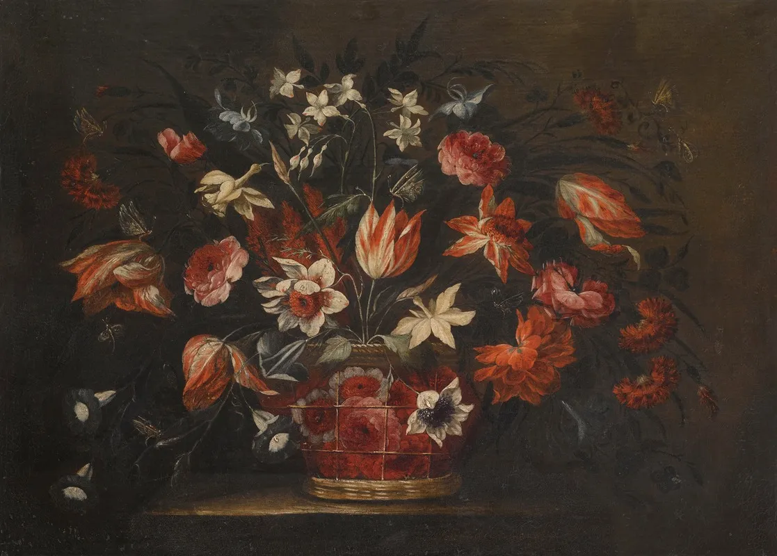 A Still Life With A Basket Of Tulips Carnations And Other Flowers On A Stone Plinth Wall Art by José de Arellano - High-Resolution Digital Print