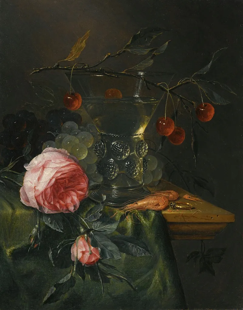 A Still Life With A Cherry Branch Over A Half Full Conical Roemer Red And Green Grapes Wall Art by Pieter de Ring - High-Resolution Digital Print