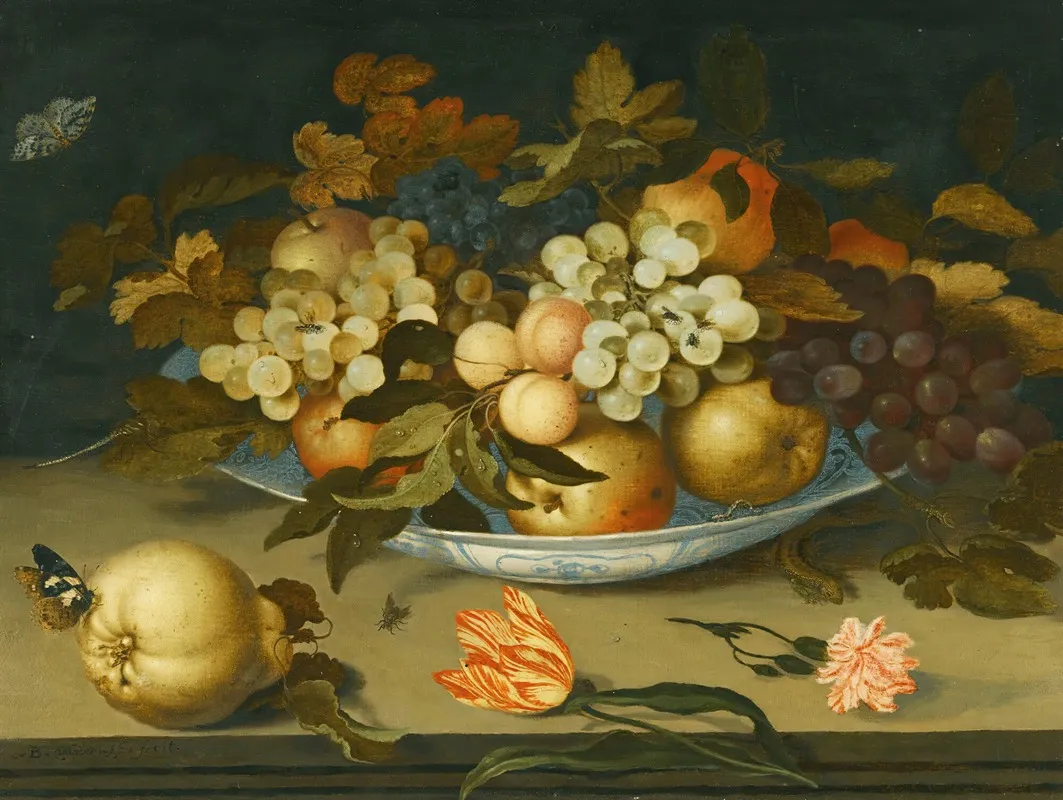 A Still Life With A Delft Bowl Containing Fruit On A Ledge With Flowers Insects And A Lizard Wall Art by Balthasar van der Ast - High-Resolution Digital Print