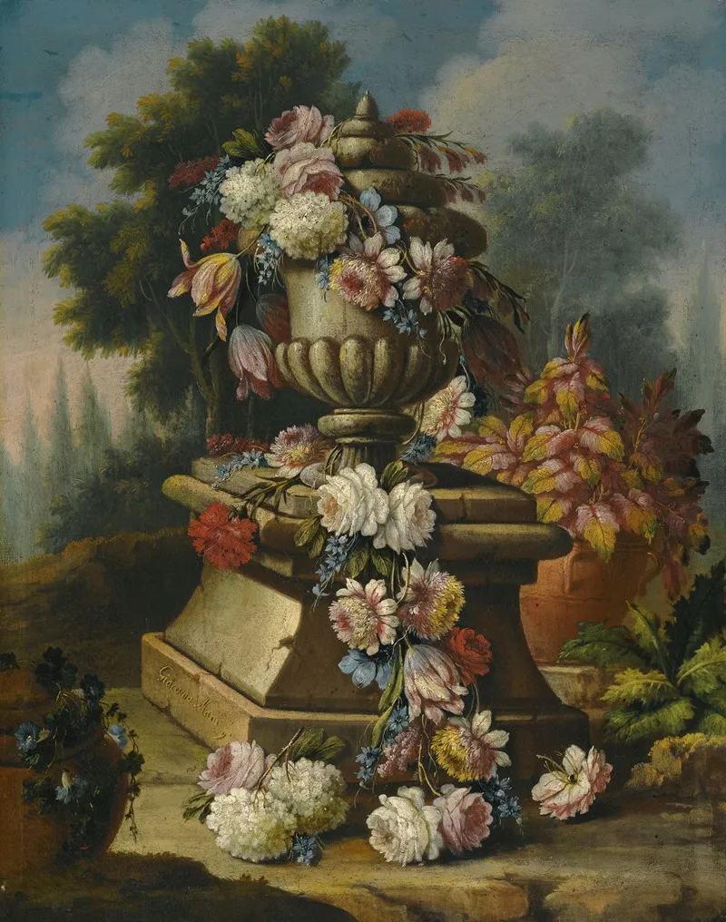 A Still Life With A Garland Of Roses Tulips Carnations And Other Flowers Draped Around A Stone Urn In A Landscape Wall Art by Giacomo Nani - High-Resolution Digital Print