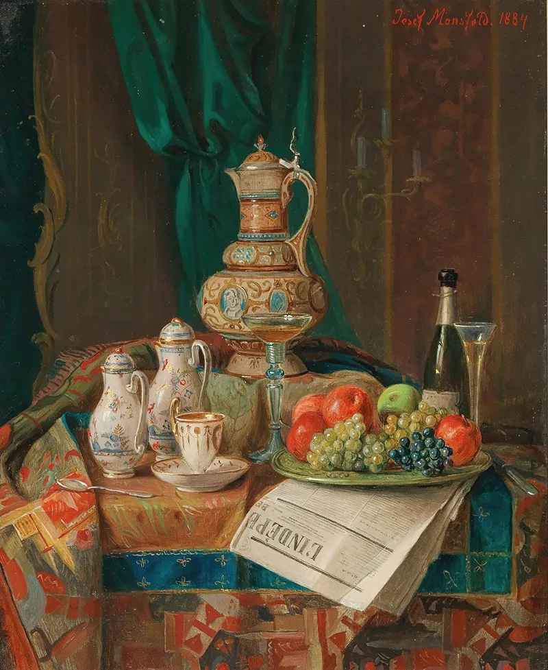 A Still Life With A Historicist Ewer A Plate Of Fruit And A Newspaper Wall Art by Josef Mansfeld - High-Resolution Digital Print
