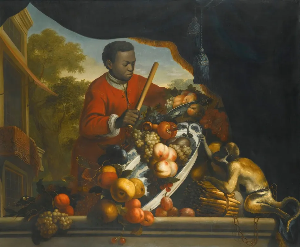 A Still Life With A Monkey Upsetting A Bowl Of Fruit Wall Art by Anglo-Dutch School - High-Resolution Digital Print