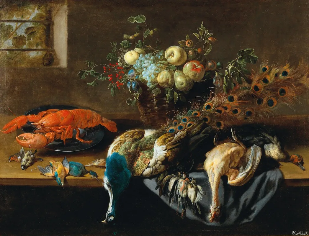 A Still Life With A Peacock Fruit A Lobster And Bird Wall Art by Adriaen van Utrecht - High-Resolution Digital Print