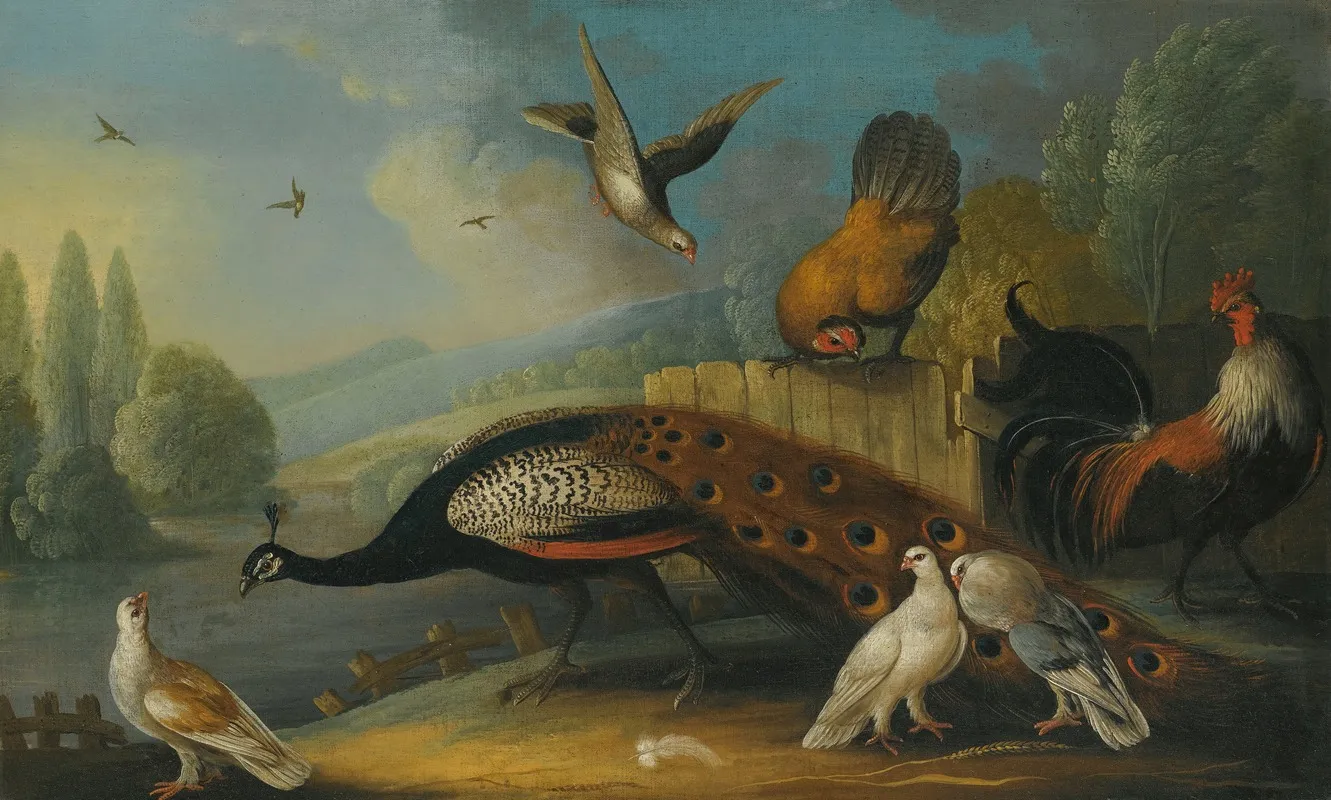 A Still Life With A Peacock Pigeons And Chickens In A River Landscape