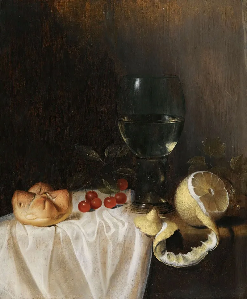A Still Life With A Roemer A Peeled Lemon Cherries And A Bread Roll On A Partly Draped Table Wall Art by Gillis Gillisz. de Bergh - High-Resolution Digital Print