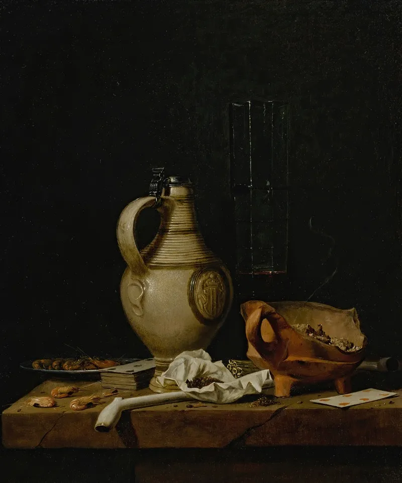 A Still Life With A Stoneware Jug A Glass Of Beer Playing Cards And Smokers Requisites Wall Art by Jan Fris - High-Resolution Digital Print