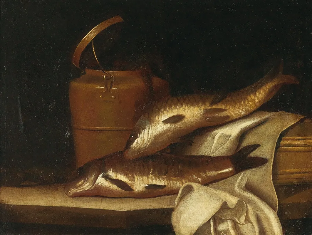 A Still Life With Carps In Front Of A Copper Kettle Wall Art by Pierre Nichon - High-Resolution Digital Print