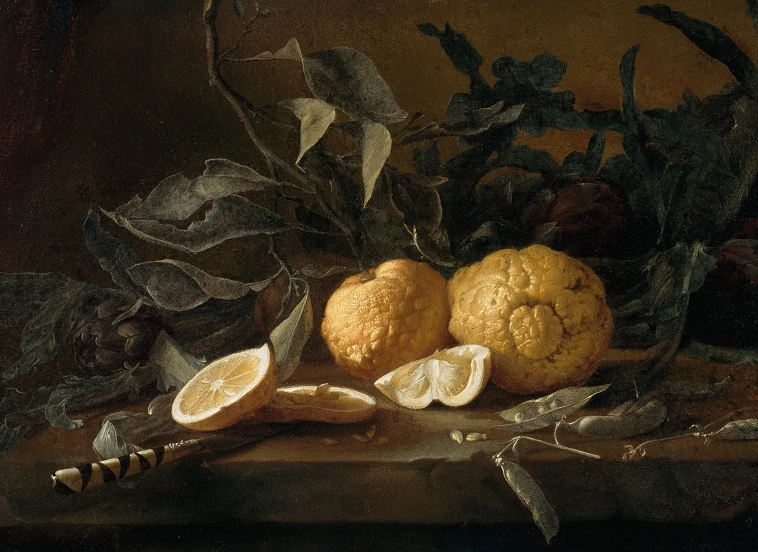 A Still Life With Citrons A Knife And Peapods On A Stone Ledge Wall Art by Juan Fernández - High-Resolution Digital Print