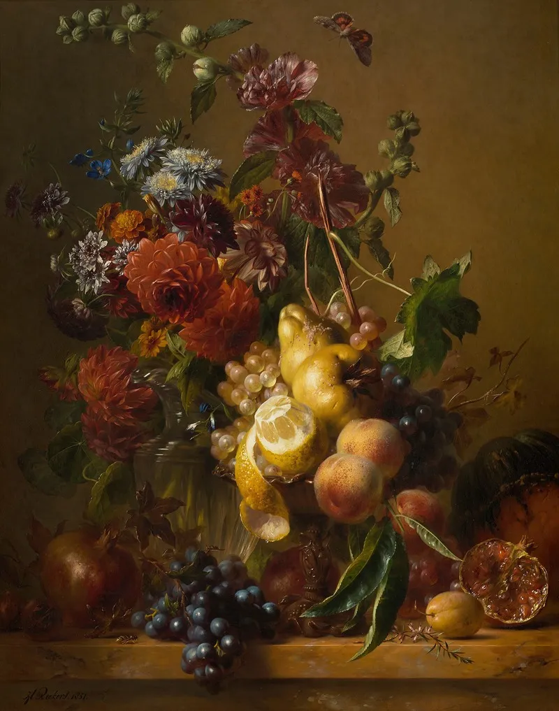 A Still Life With Dahlias Hollyhocks And Other Flowers In A Glass Vase Wall Art by Hendrik Reekers - High-Resolution Digital Print