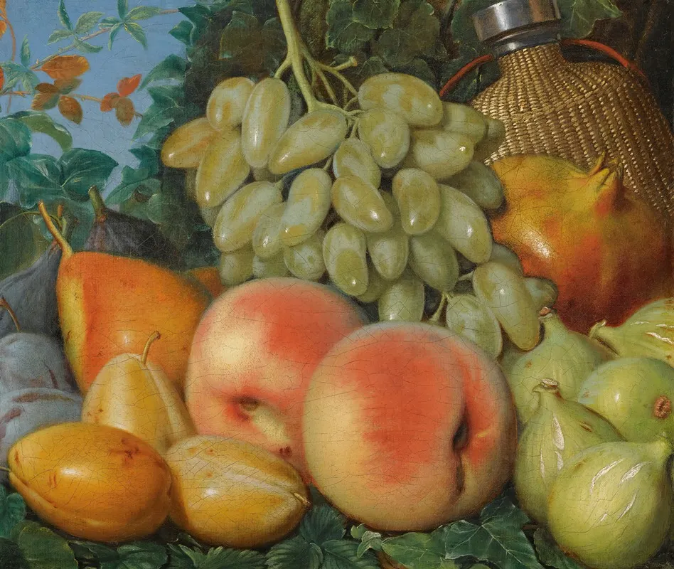 A Still Life With Figs Plums A Pear White Grapes And A Flask