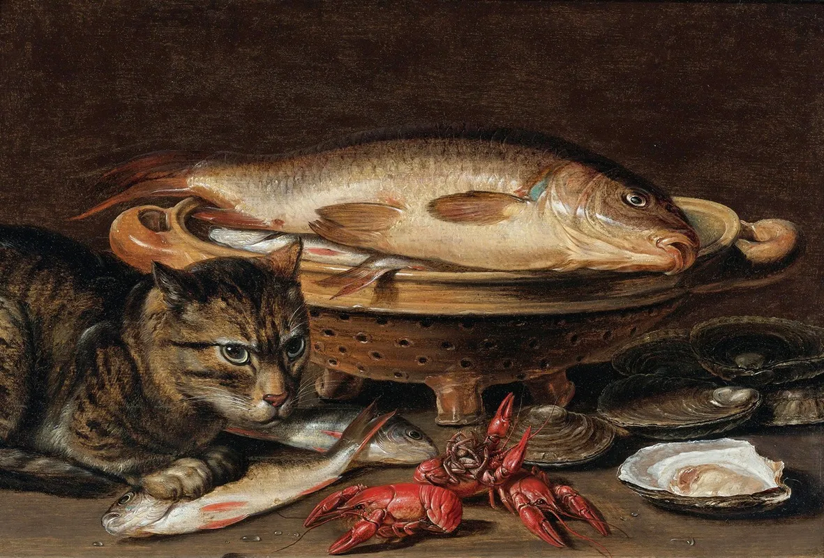 A Still Life With Fish In A Ceramic Collander Oysters Langoustines Mackerel And A Cat On The Ledge Beneath Wall Art by Clara Peeters - High-Resolution Digital Print