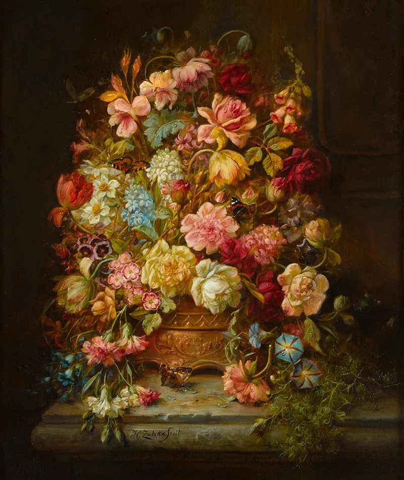 A Still Life With Flowers In A Jardiniere Resting On A Ledge Wall Art by Hans Zatzka - High-Resolution Digital Print