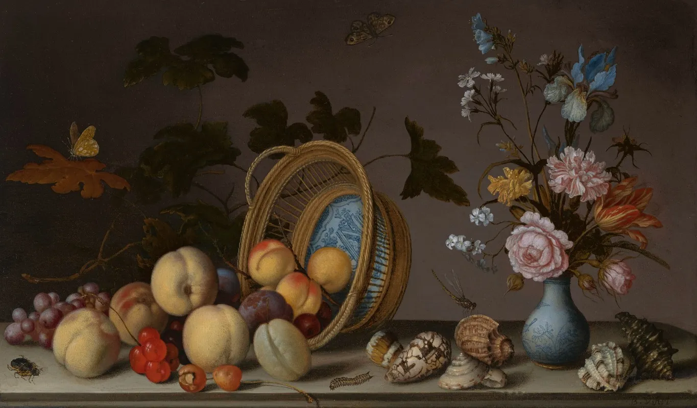 A Still Life With Flowers In A Porcelain Vase Seashells And An Overturned Basket Of Fruit Wall Art by Balthasar van der Ast - High-Resolution Digital Print