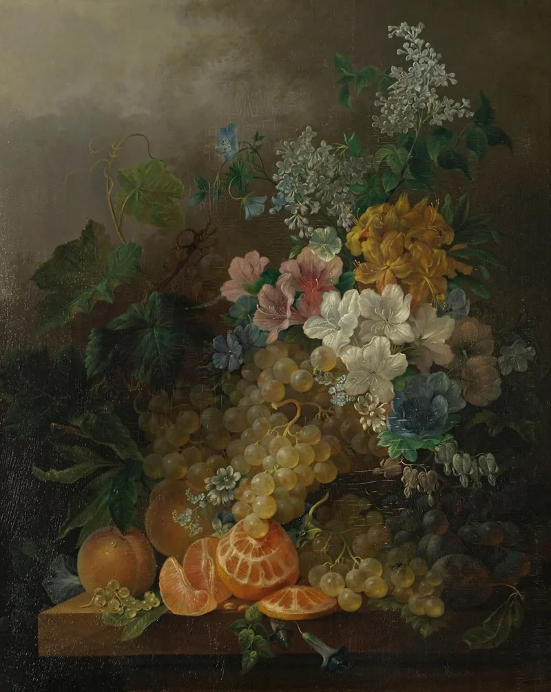 A Still Life With Flowers Peaches Grapes And A Peeled Orange All Resting On A Table Wall Art by Jan Van Der Waarden - High-Resolution Digital Print