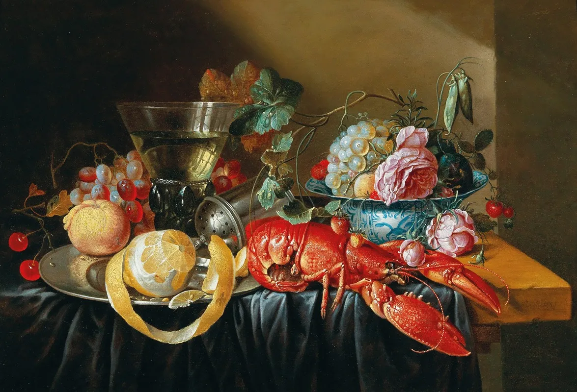 A Still Life With Fruit And A Boiled Lobster Wall Art by Cornelis Mahu - High-Resolution Digital Print