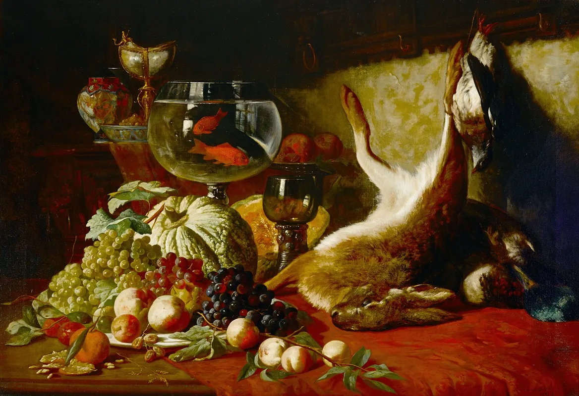 A Still Life With Fruit Goldfish And Dead Hare Wall Art by Lucas Victor Schaefels - High-Resolution Digital Print