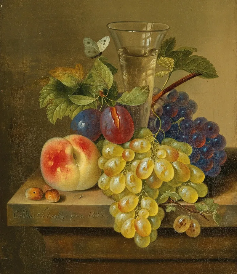 A Still Life With Grapes A Champagne Glass And A Butterfly Wall Art by Erdmann Schultz - High-Resolution Digital Print