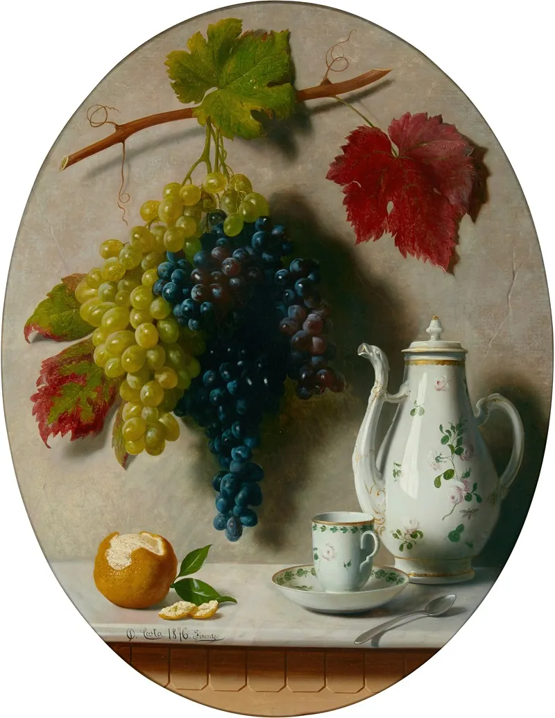 A Still Life With Grapes And Tea Pot Wall Art by Oreste Costa - High-Resolution Digital Print