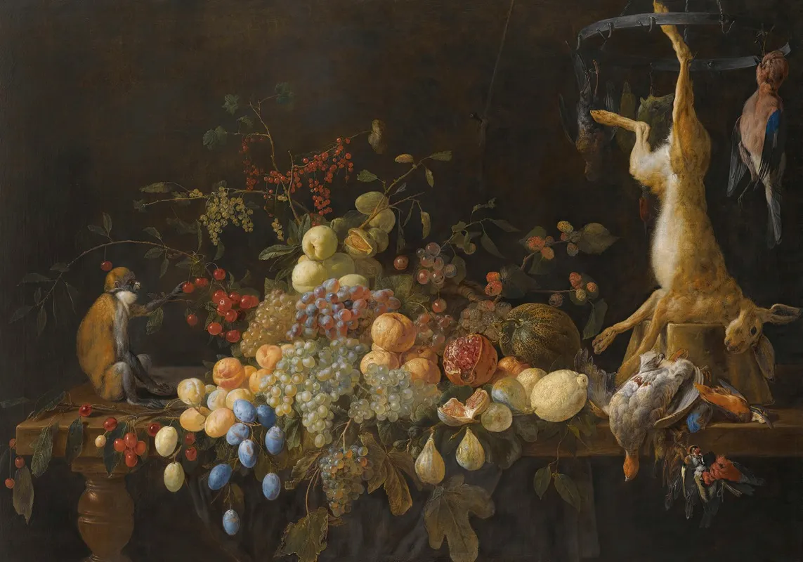 A Still Life With Grapes Figs Apples Oranges Apricots Lemons A Melon Loganberries An Open Pomegranate And Cherries Wall Art by Adriaen van Utrecht - High-Resolution Digital Print