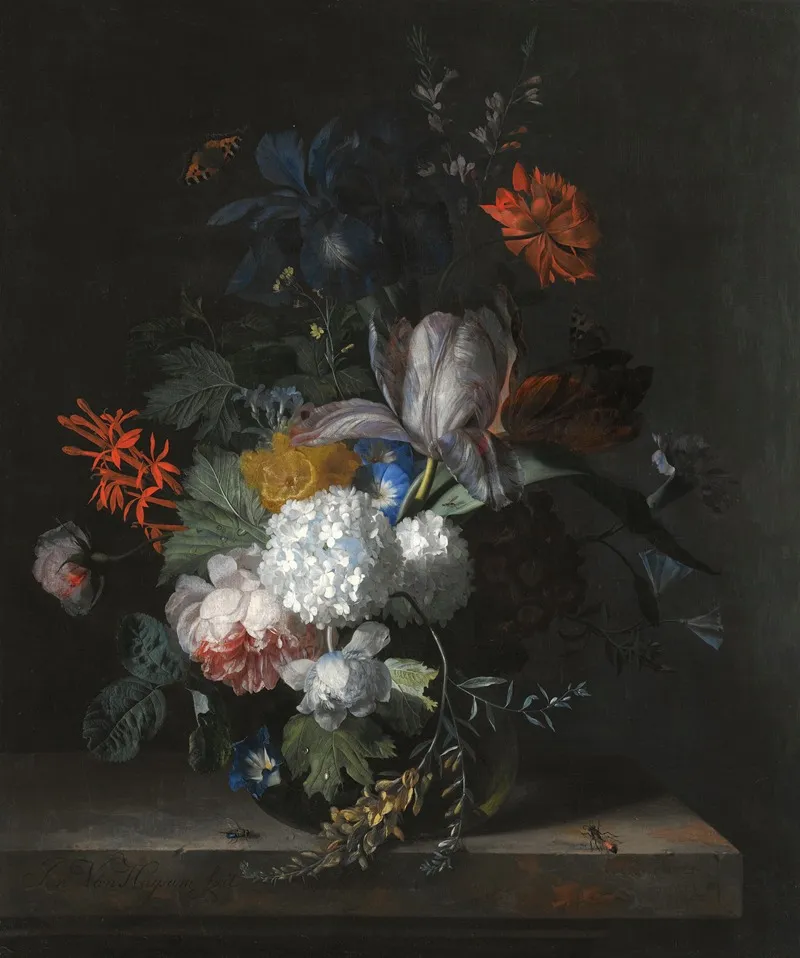 A Still Life With Hydrangea Convolvulus Polyanthus Peonies Auricula Carnation Tulips Snowballs And Other Flowers In A Glass Vase