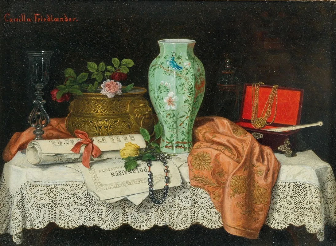 A Still Life With Music Sheets A Jewellery Box And An Asian Vase Wall Art by Camilla Friedländer - High-Resolution Digital Print