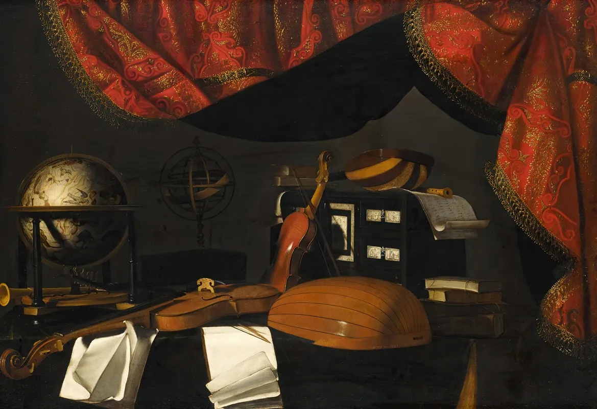 A Still Life With Musical Instruments And A Globe On A Table A Curtain Behind Wall Art by Bartolomeo Bettera - High-Resolution Digital Print
