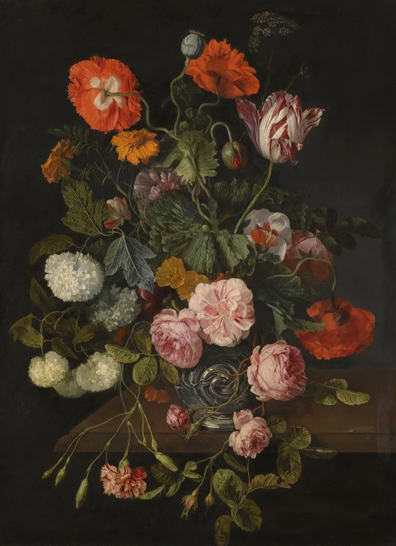 A Still Life With Parrot Tulips Poppies Roses Snow Balls And Other Flowers In A Glass Vase Over A Stone Ledge Wall Art by Cornelis Kick - High-Resolution Digital Print