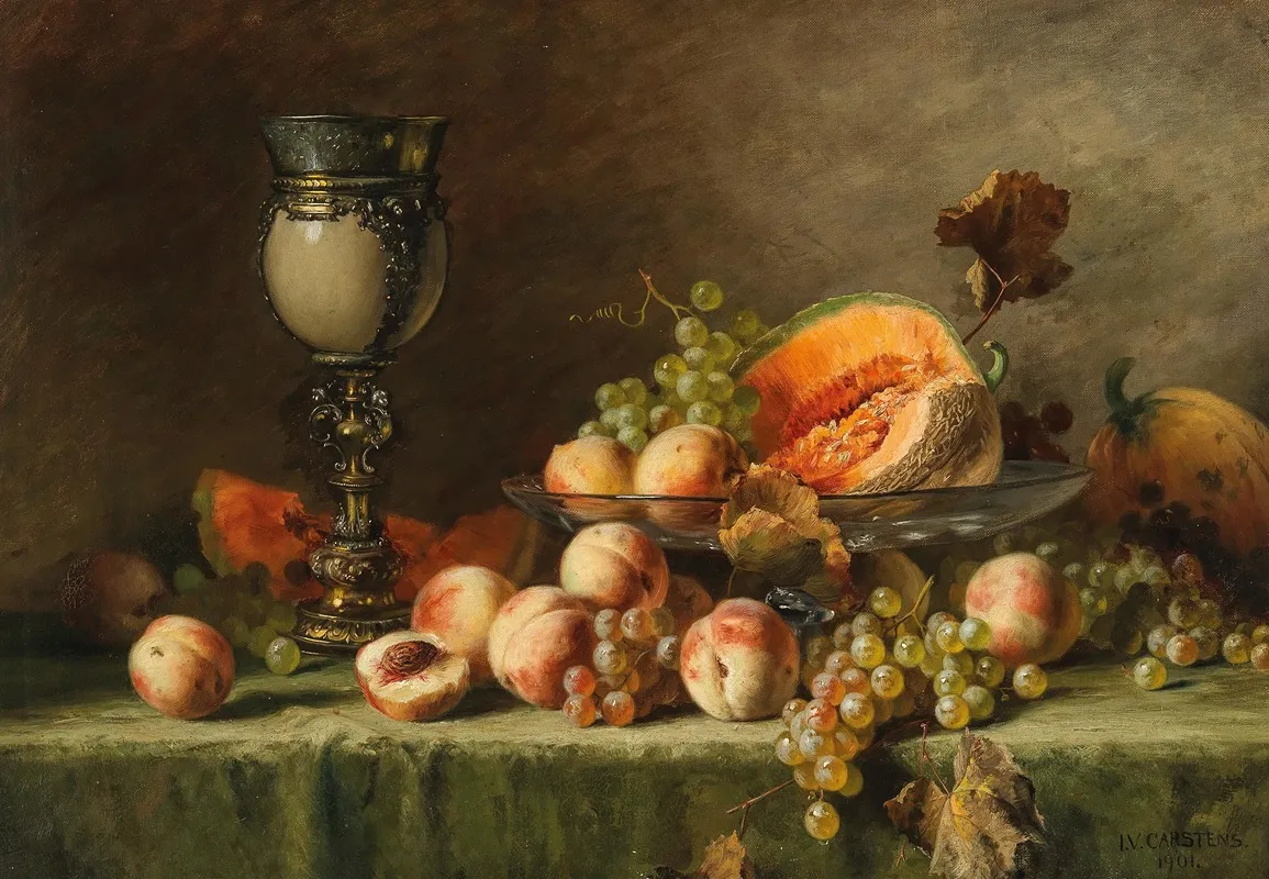 A Still Life With Peach Grapes And Pumpkin Wall Art by Julius Victor Carstens - High-Resolution Digital Print