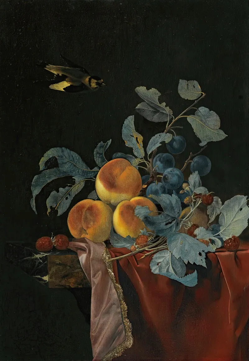 A Still Life With Peaches Raspberries And Damsons On A Partially Covered Marble Ledge A Bird Flying Above Wall Art by Willem van Aelst - High-Resolution Digital Print