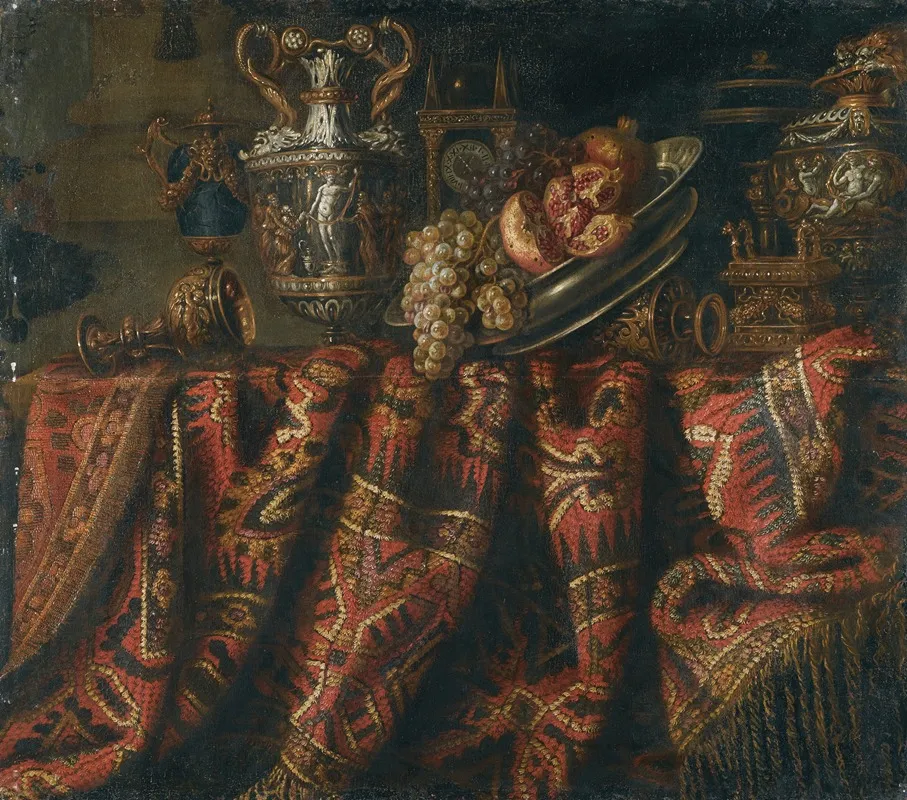 A Still Life With Pomegranates And Grapes On A Table Draped With An Ornate Turkish Carpet And Assorted Orfevrerie Wall Art by Jacques Hupin - High-Resolution Digital Print