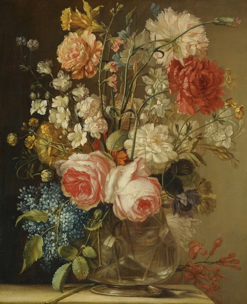 A Still Life With Roses A Daffodil And Other Flowers In A Glass Vase On A Stone Ledge Wall Art by Ludovico Stern - High-Resolution Digital Print