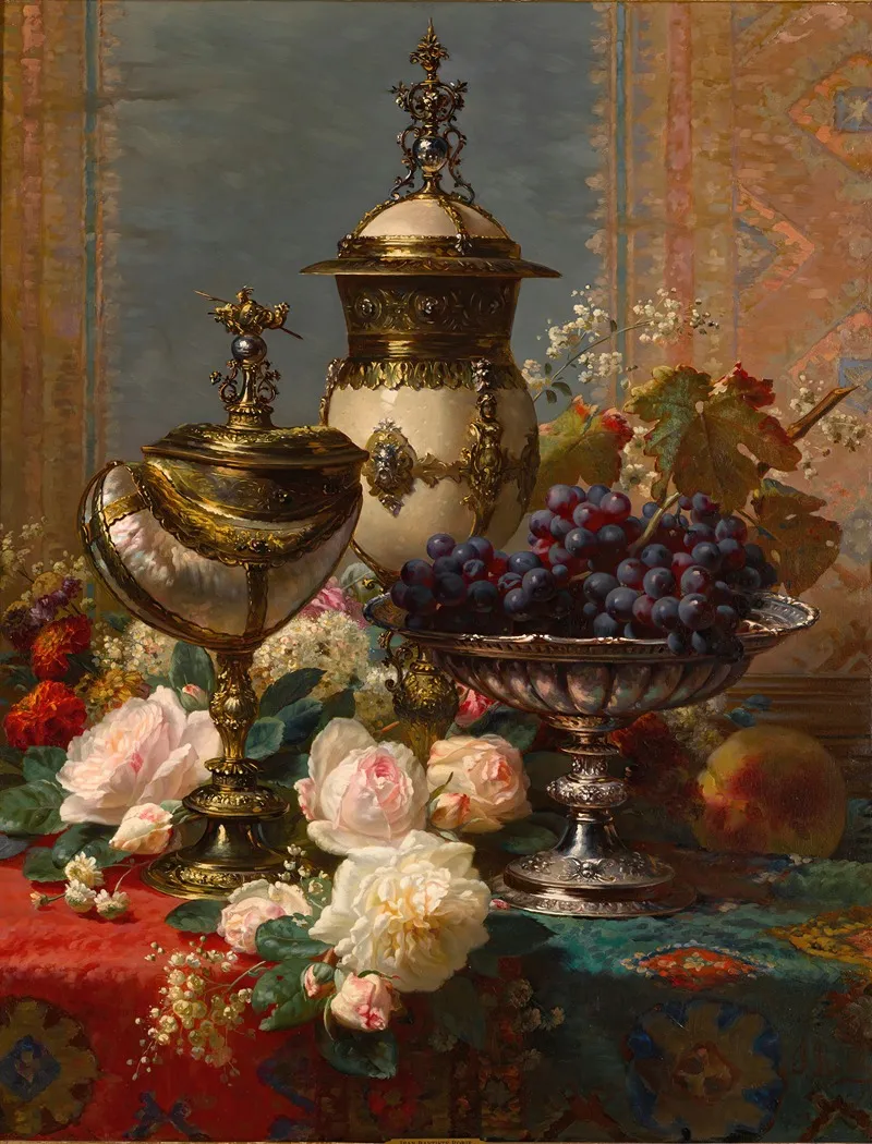 A Still Life With Roses Grapes And A Silver Inlaid Nautilus Shell Wall Art by Jean-Baptiste Robie - High-Resolution Digital Print