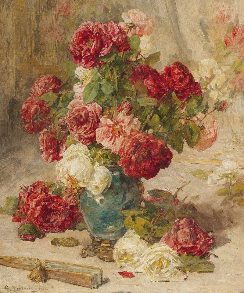 A Still Life With Roses In A Vase And A Fan