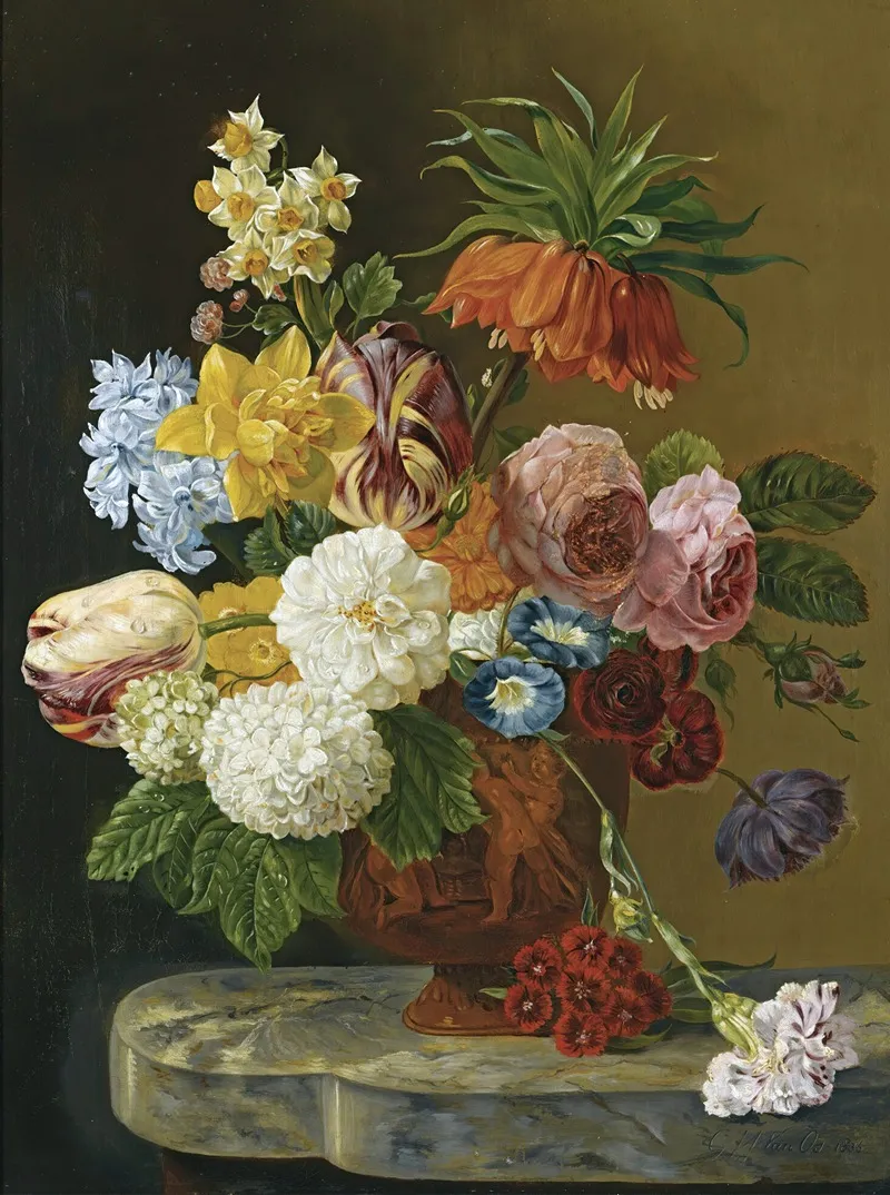 A Still Life With Roses Peonies Tulips Daffodils Carnations And Other Flowers In A Vase Wall Art by Georgius Jacobus Johannes van Os - High-Resolution Digital Print