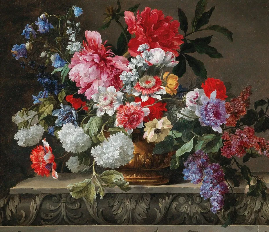 A Still Life With Roses Tulips Anemones Sprigs Of Lilac Viburnums And Shrubs Wall Art by Nicolas Baudesson - High-Resolution Digital Print