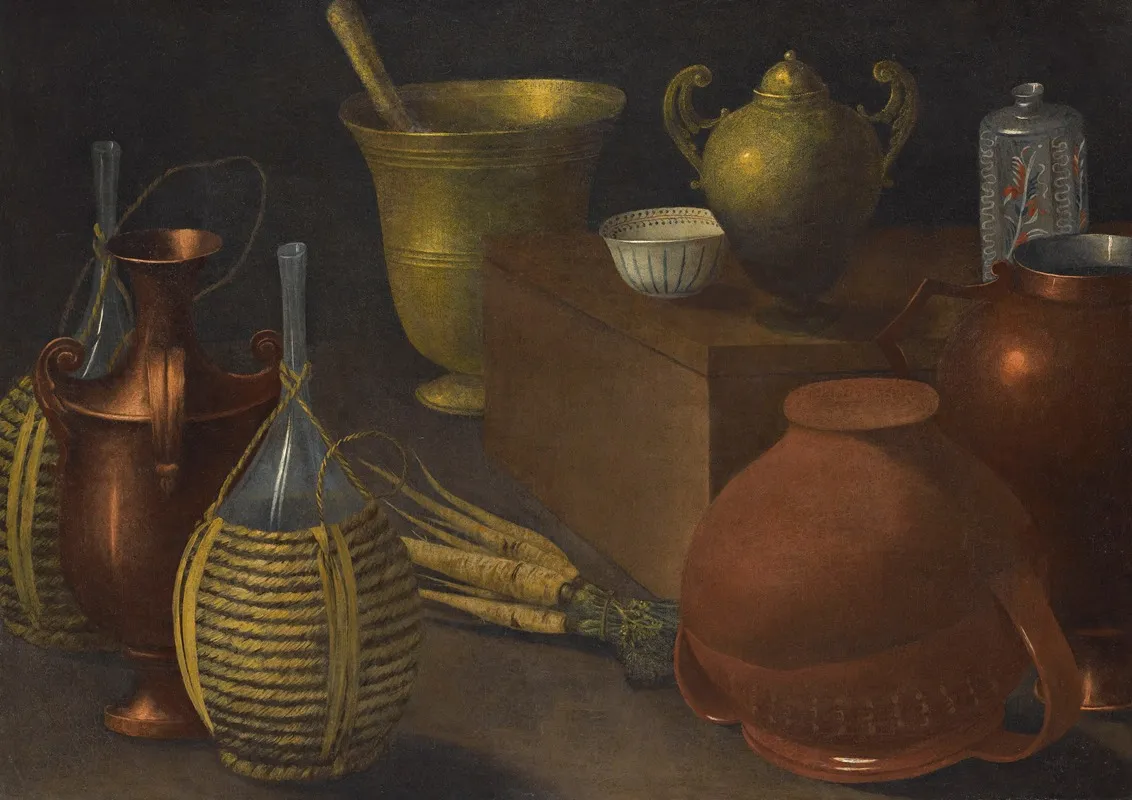 A Still Life With Two Wicker Covered Glass Bottles An Upturned Terracotta Pot A Selection Of Other Vessels And A Bunch Of Carrots Wall Art by Rodolfo Lodi - High-Resolution Digital Print