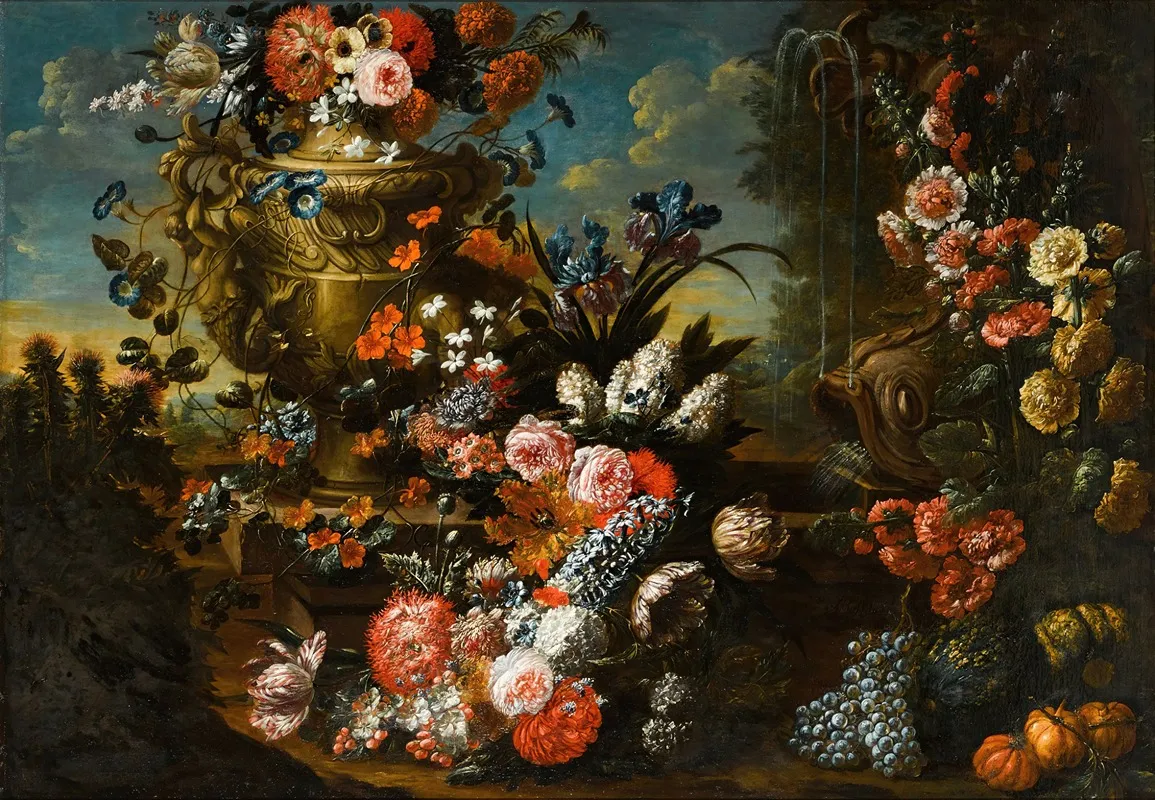 A Stone Urn On Steps Decorated With Flowers And Fruit Beside A Dolphin Headed Fountain In An Extensive Landscape Wall Art by Jan Baptist Bosschaert - High-Resolution Digital Print