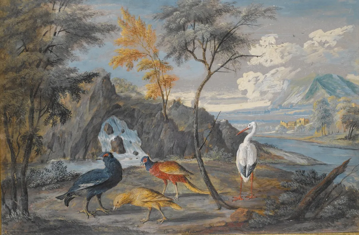 A Stork A Pheasant A Blackcock And Another Bird In A Landscape Wall Art by Willem van Royen II - High-Resolution Digital Print