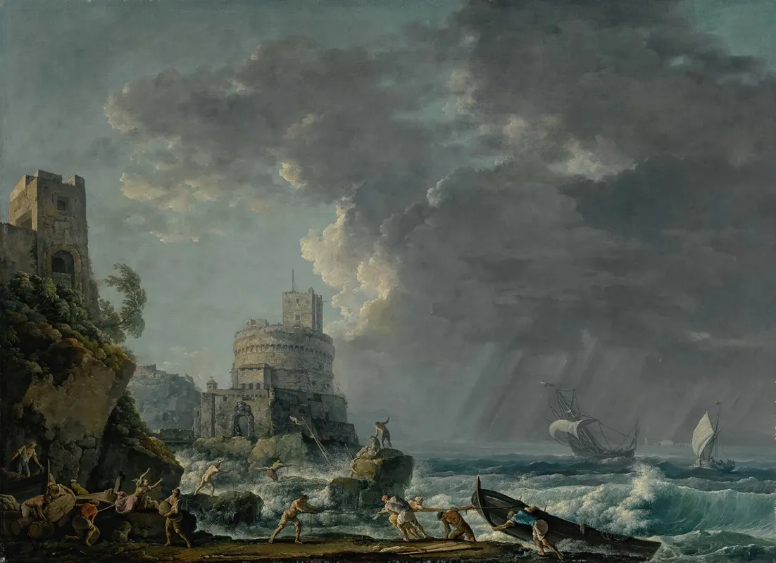 A Storm Off A Rocky Coast With A Shipwreck In The Foreground And A Fort On The Rocky Shoreline Above 2 Wall Art by Carlo Bonavia - High-Resolution Digital Print