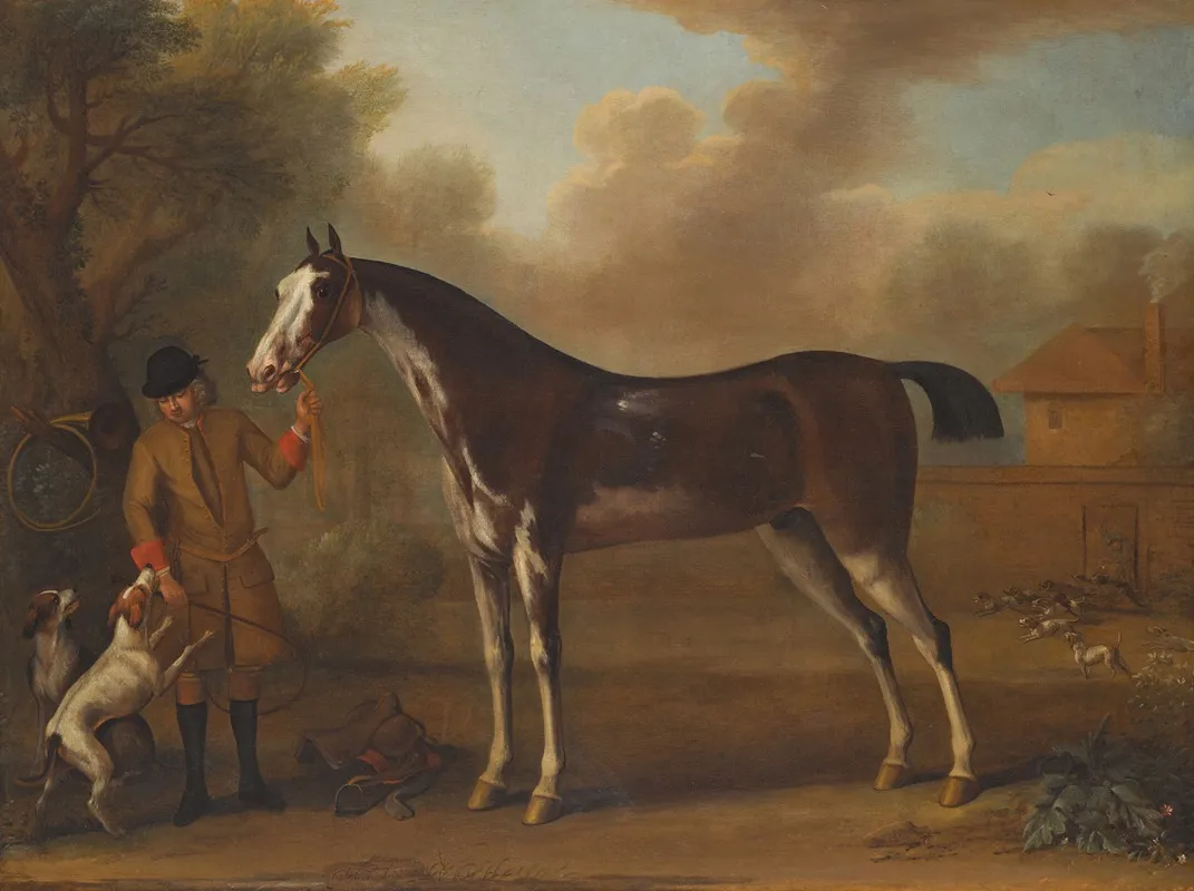 A Strawberry Roan Hunter With A Huntsman And Two Hounds