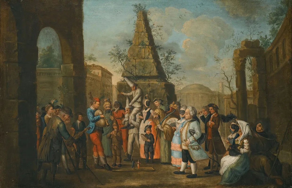 A Street Scene With Commedia Dellarte Performers And Musicians Gathered Around Two Puppets An Obelisk Beyond Wall Art by Circle of Marco Marcola - High-Resolution Digital Print