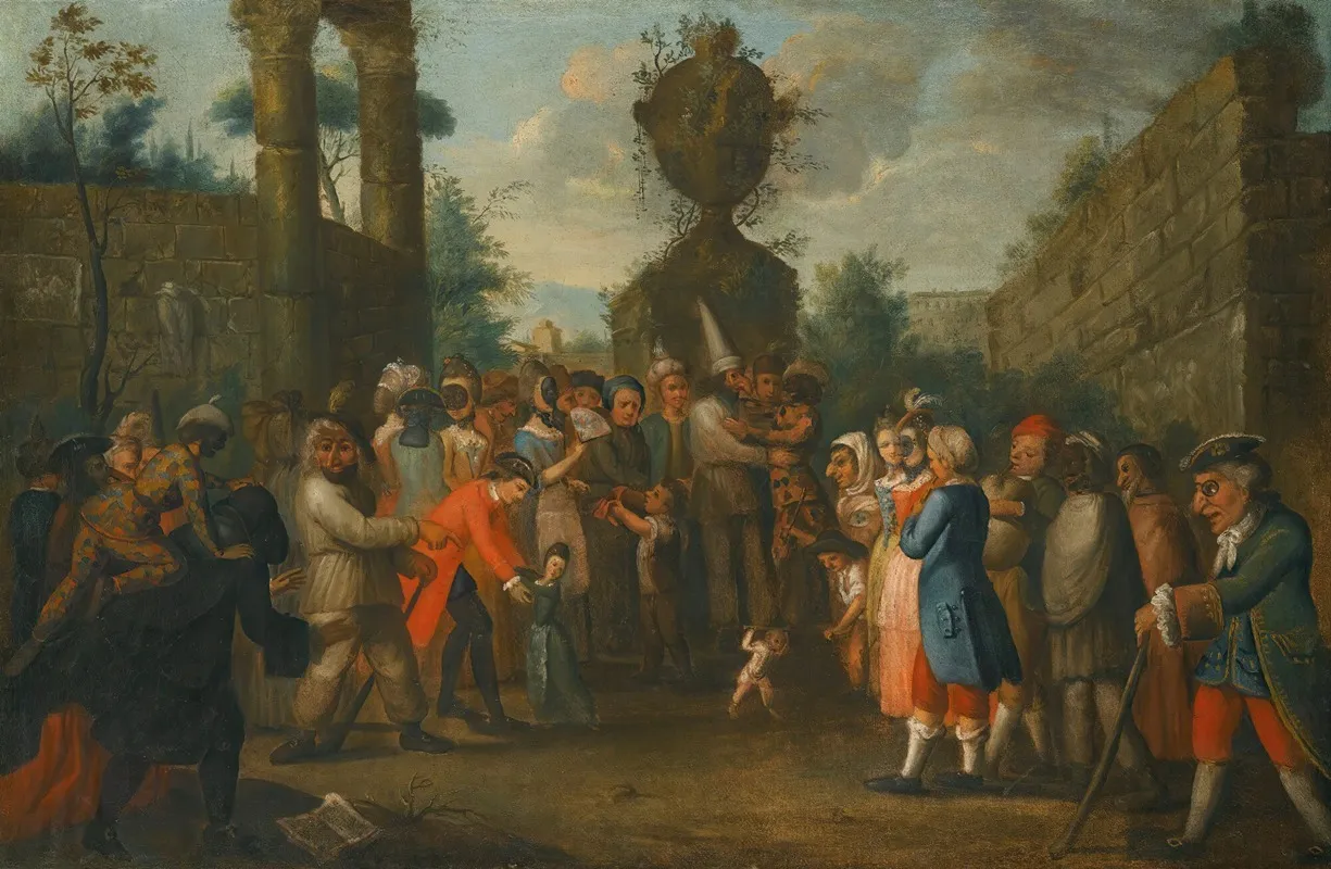 A Street Scene With Commedia Dellarte Performers Gathered Around A Monkey An Urn Beyond Wall Art by Circle of Marco Marcola - High-Resolution Digital Print