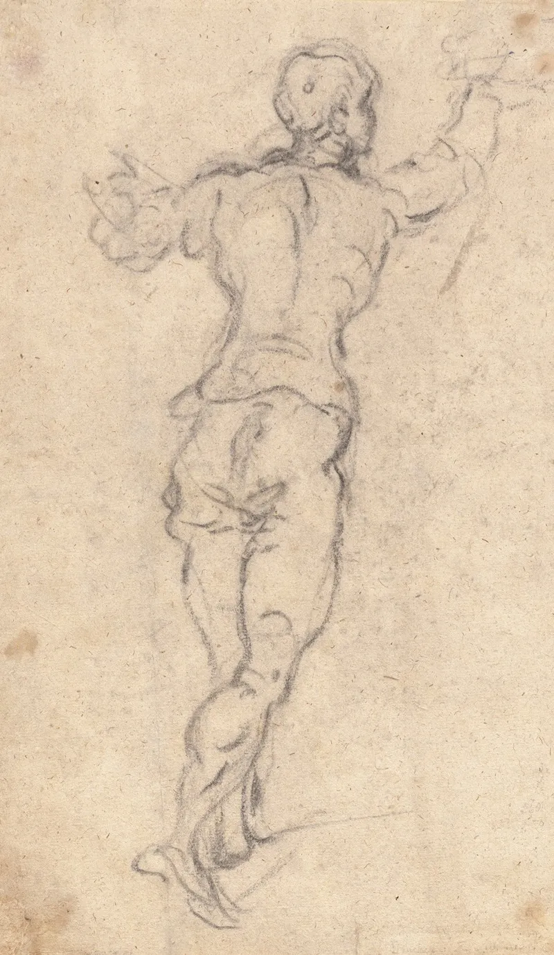 A Striding Youth With His Arms Raised Seen From Behind