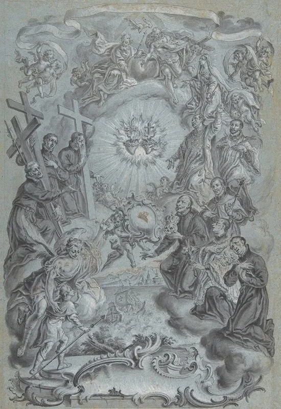 A Study For A Frontispiece The Trinity And Saints Surrounding The Sacred Hearts Of Christ And The Virgin Mary A Coastal Landscape Below Wall Art by Vitus Felix Rigl - High-Resolution Digital Print