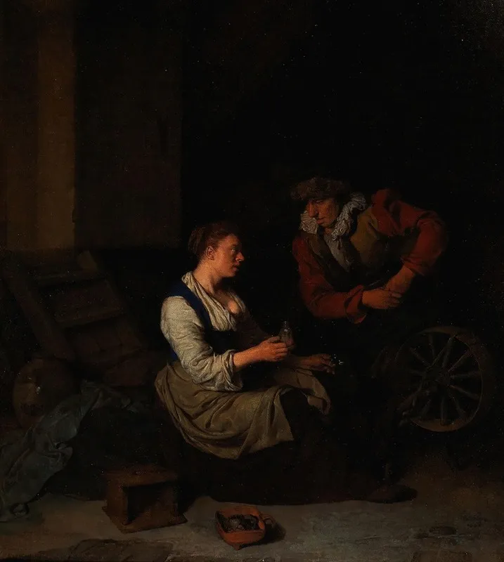 A Suitor With A Woman At A Spinning Wheel Wall Art by Cornelis Pietersz. Bega - High-Resolution Digital Print