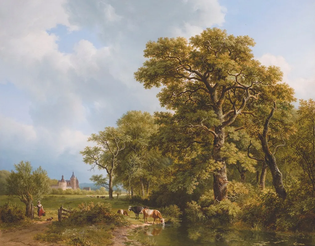 A Summer Landscape With Cows Watering A Castle In The Distance