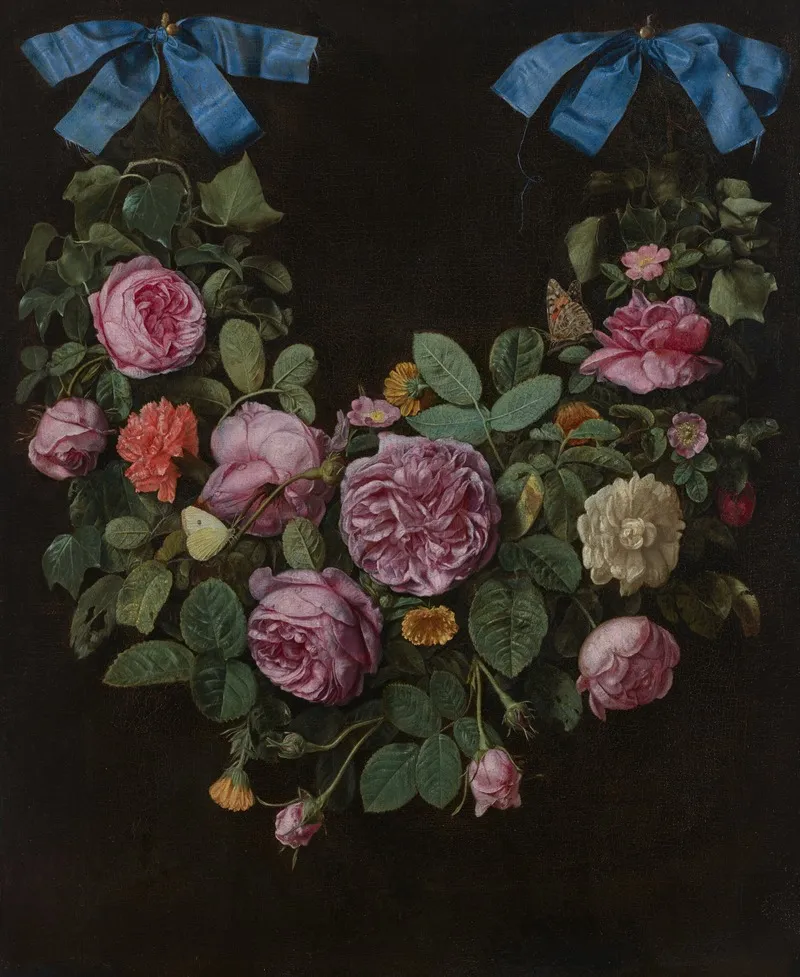 A Swag Of Roses Suspended From Blue Ribbons Wall Art by Jan Van Kessel The Elder - High-Resolution Digital Print