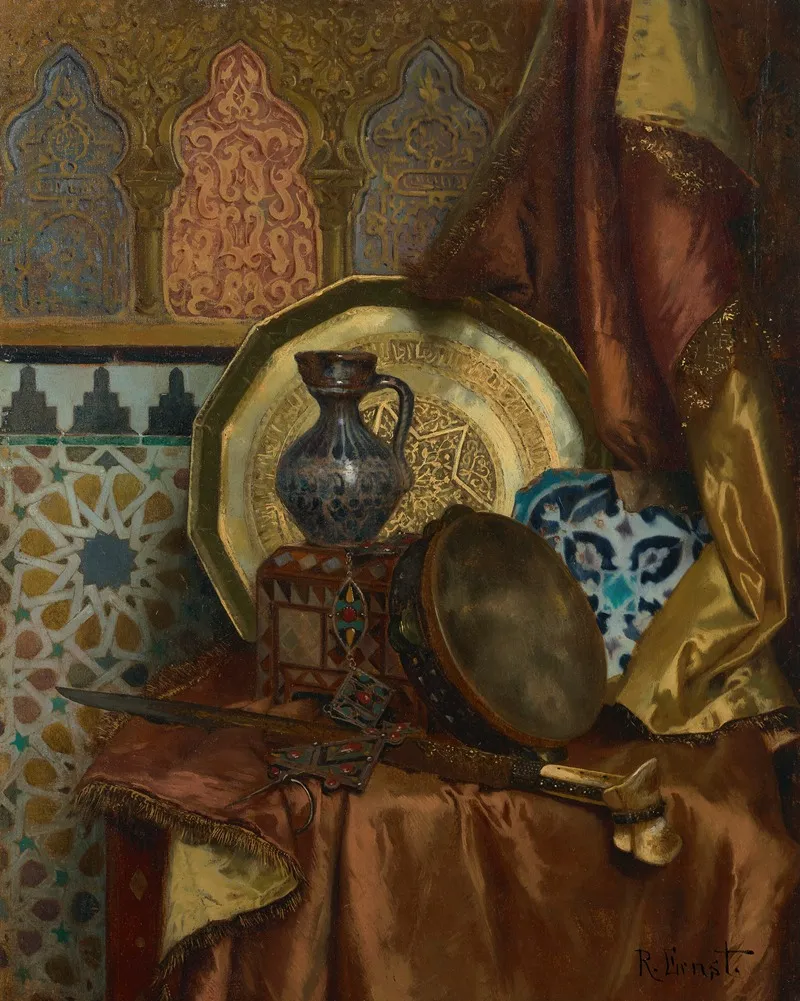 A Tambourine Knife Turkish Box Turkish Jug Moroccan Tile And Plate On A Satin Covered Table Wall Art by Rudolf Ernst - High-Resolution Digital Print